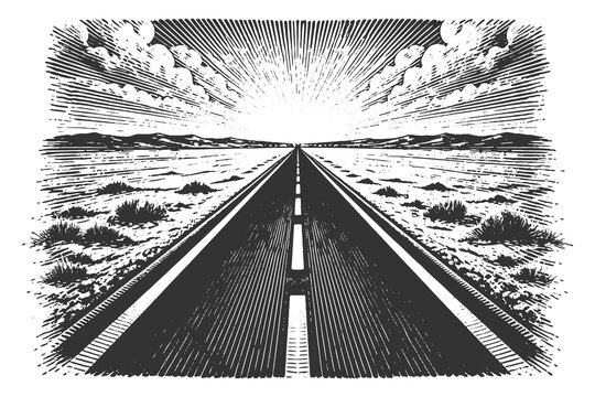 Striking perspective engraving of a long straight highway leading towards a rising or setting sun on a wide, cloudy horizon.