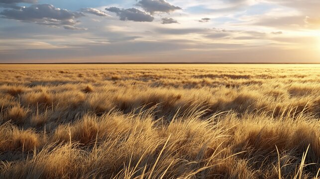 Golden Sunset over Vast Prairie Grassland Field