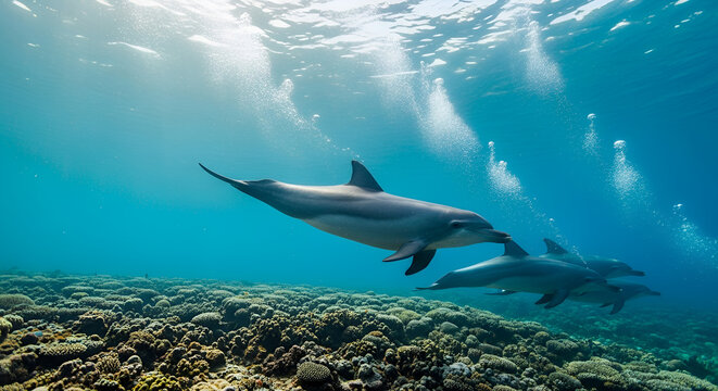 Pod of dolphins swimming over a vibrant coral reef in clear blue ocean water with sun rays, marine biodiversity, underwater nature conservation, World Environment Day concept.