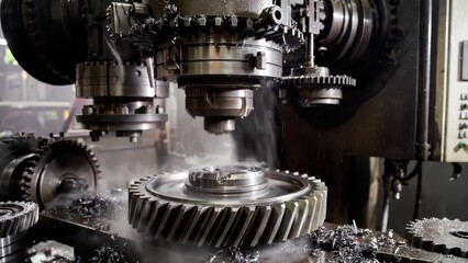 Fototapeta premium Precision Metal Cutting Process with Gear Wheel in Machine Shop