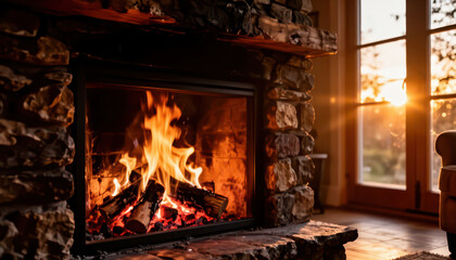 Naklejka premium The fire in the stone fireplace creates a warm glow as the sun sets outside. The cozy living room features a vibrant fire, enhancing the inviting atmosphere of the space.