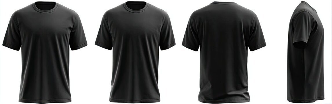 Four angles of a plain black t-shirt displayed against a white background