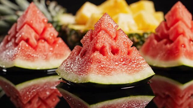 Artistically carved watermelon slices and pineapple chunks served as a refreshing tropical fruit platter.