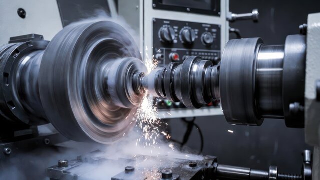 Precision Machining Process with Sparks Flying in Workshop Environment