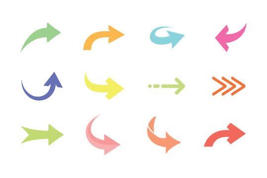 Vector collection of colored arrows. Colorful arrow symbols. Set of flat vector arrows. Arrows set vector illustration. Colorful arrow symbols.
