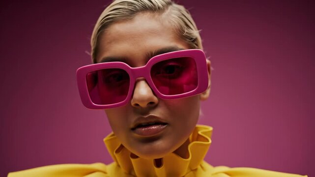 A high fashion editorial portrait of a woman wearing a vibrant yellow ruffled blouse and pink sunglasses against a purple background.