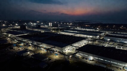 Obraz premium Aerial View of Industrial Complex at Dusk with Vibrant Sky Colors