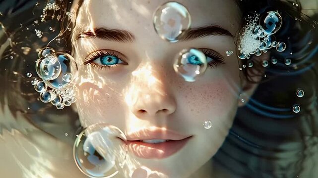 Beautiful woman with blue eyes submerging in water