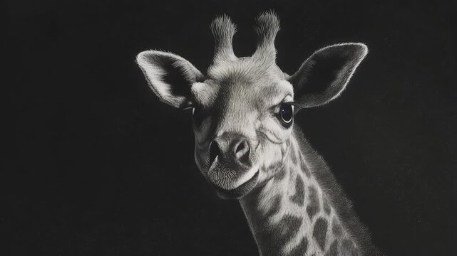 monochrome portrait of a giraffe head against black background