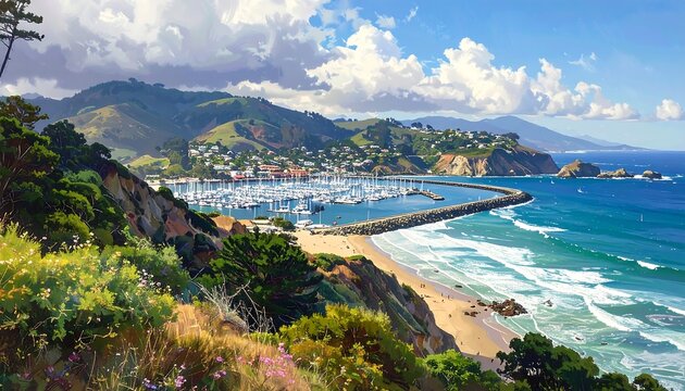 A serene coastal scene with a marina and mountain backdrop