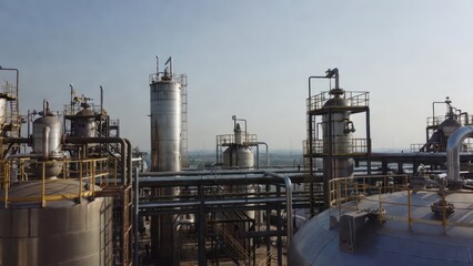 Obraz premium Industrial Plant Equipment with Silos and Pipelines Against Sky