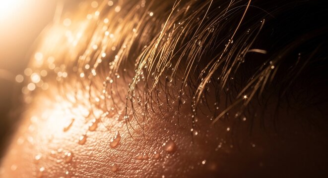 Close up macro shot of sweat droplets on skin and hair.
