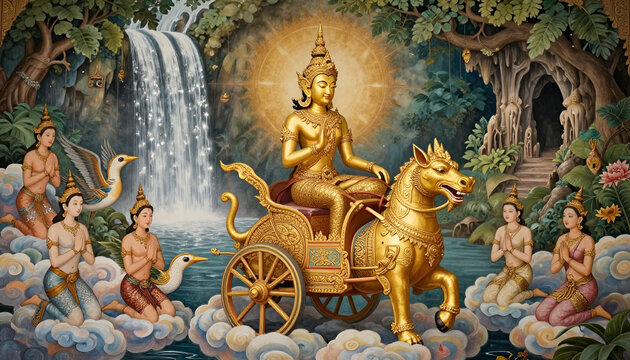 The Celestial Procession Golden Deity in Himmapan Forest