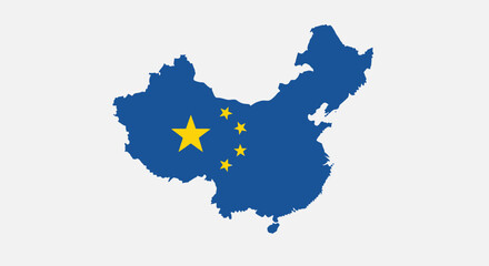 Fototapeta premium Stylized map of China with a distinct blue color and yellow stars on a light grey background, representing the nation's geography and sovereignty.