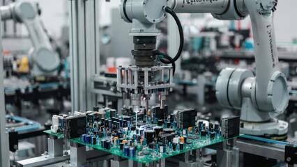 Obraz premium Robotic Arm Assembling Electronic Components in Modern Factory