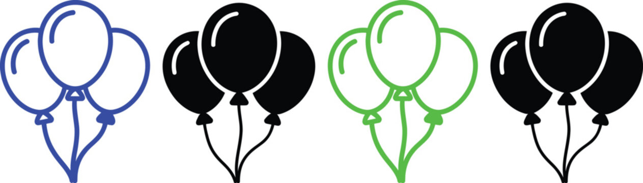 Colorful balloon clusters with varying string styles in a simple illustration