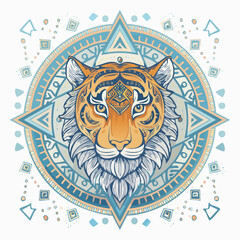 Obraz premium Artistic illustration of a tiger's head surrounded by intricate ethnic mandala patterns and geometric shapes