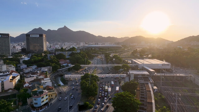 Sunset Maracana Stadium In Rio De Janeiro In Brazil. Soccer Stadium. Downtown District. Football Field. Maracana Stadium In Rio De Janeiro In Brazil. Sunset Skyline. 