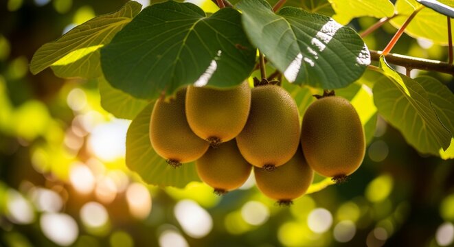 A bunch of ripe fuzzy kiwi fruits hanging from a tree branch under bright sunlight.