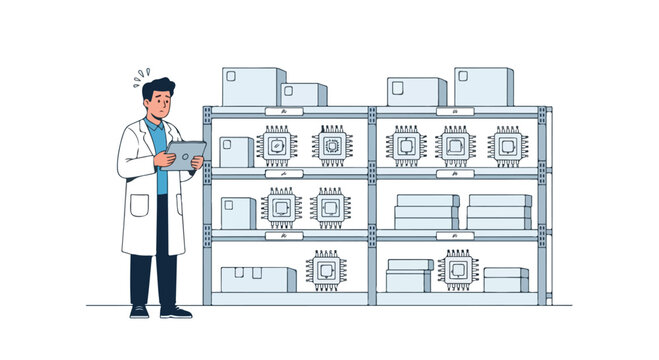 Worried engineer in lab coat checking empty shelves for semiconductor microchips during shortage