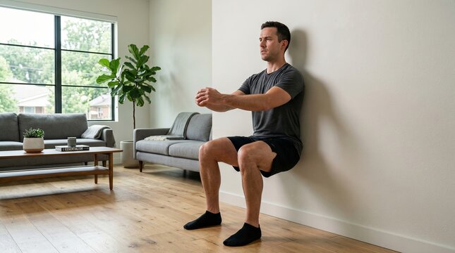 Person doing wall sit exercise. Man practicing wall sit in cozy living area during daylight