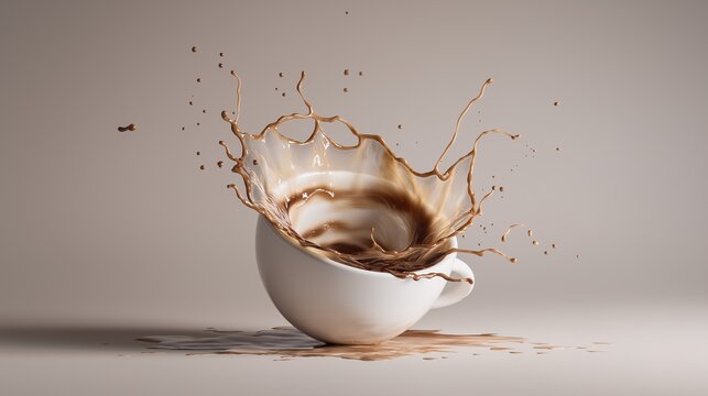High-speed photograph freezes the precise moment a glass filled with coffee explodes, creating a dynamic and symmetric cloud of shards and liquid droplets against a dark background.