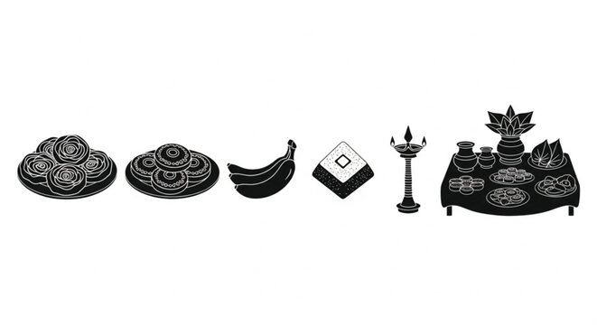 Traditional Sri Lankan New Year Food and Cultural Symbols Vector Set: Featuring Kavum, Kokis, Bananas, Milk Rice (Kiribath), Oil Lamp, and Avurudu Table Elements for Aluth Avurudu Festive Design.