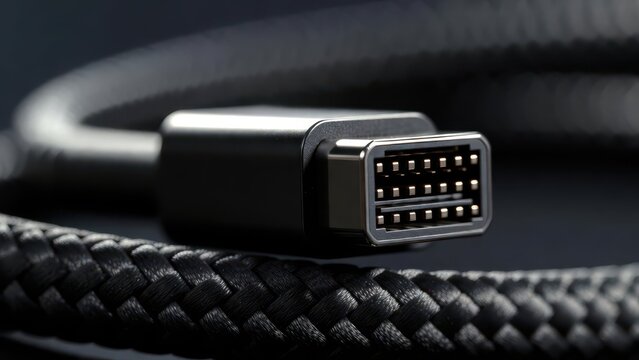 Close-Up of Braided USB Cable with Connector on Dark Background