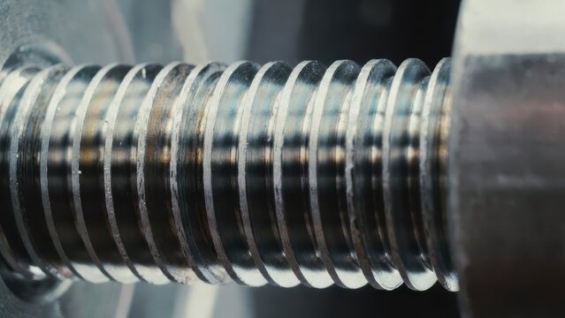 Close-Up View of Metallic Threaded Rod with Fine Details and Texture