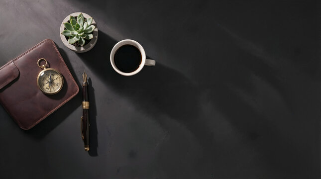 Coffee cup, pen, notebook, and succulent on dark tabletop