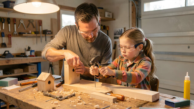Man and girl working together on woodworking project in workshop