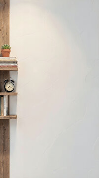 Minimalist wooden shelf with clock and plant against white wall