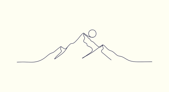 Minimalist Continuous Line Drawing of Mountain Range with Sun at Peak on Beige Background Vector