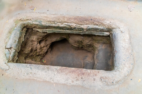 A view of a narrow entrance to the tunnel network used by the Viet cong in the Vietnam war