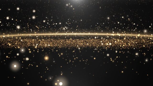 Golden sparkling particles drift across a dark background, forming a glowing horizon with depth, motion, and elegant luxurious abstract atmosphere.