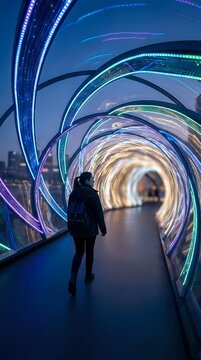 Person walking through futuristic illuminated tunnel with colorful LED lights creating spiral patterns and modern architectural design for technology concepts.