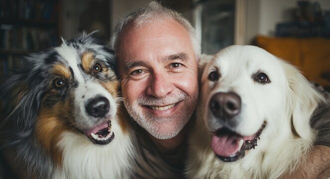 Happy Man with His Two Lovable Dogs Sharing a Warm Smile for the Camera.