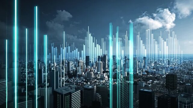 Futuristic City Skyline with Neon Lights and Data Visualization Elements