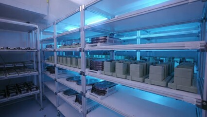 Obraz premium High-Tech Storage Facility with Clean Shelves and Blue Lighting Effects