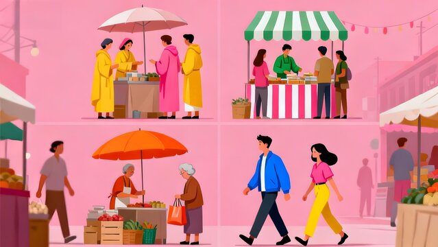 Illustration of people shopping at a vibrant outdoor market with colorful stalls and umbrellas