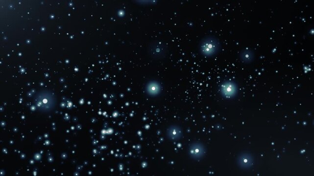 Blue glowing particles scatter across dark space, forming a calm abstract starfield with depth, subtle motion, and futuristic cosmic atmosphere.