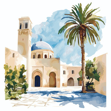 Bardo Museum. Bardo Museum hand drawn watercolor illustration on white background
