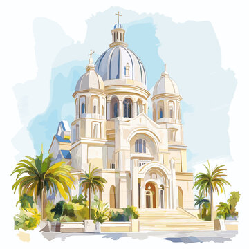 Basilica of Our Lady of Peace in Yamoussoukro. Basilica of Our Lady of Peace in Yamoussoukro hand drawn watercolor illustration on white background
