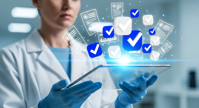 Digital Confirmation in Lab: A focused scientist, garbed in a pristine lab coat and protective gloves, utilizes a digital tablet to review and validate data with virtual checkmarks.
