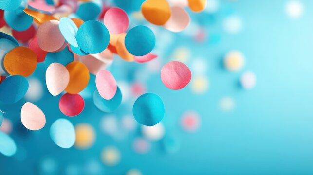 Colorful confetti circles gently swirl against a soft blue background, evoking a festive atmosphere perfect for celebrations or parties, Ideal for invitations, event posters, or social media graphics