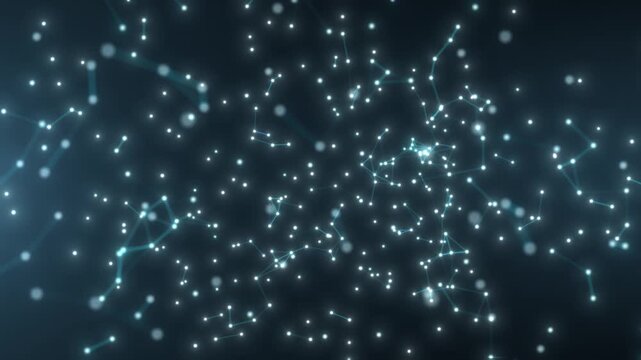 Glowing blue nodes and lines form a connected network in space, creating a clean abstract data structure with depth, motion, and futuristic technology feel.