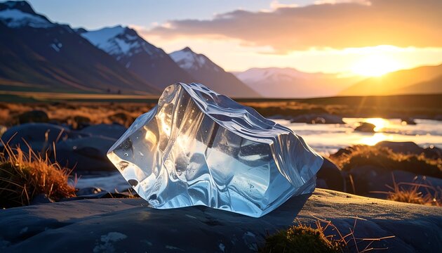 A translucent, faceted ice chunk rests on a stone, sunlit with a mountain backdrop, stream, grass, and a warm, golden sunset