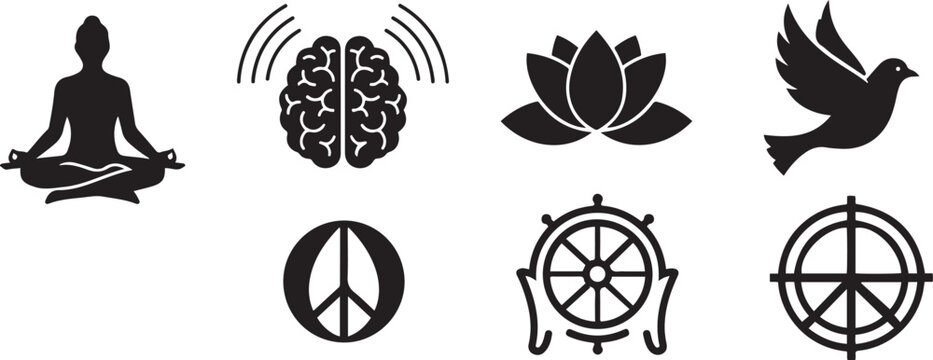 Mindfulness and Spiritual Wellness Vector Icon Set Featuring Meditation Silhouette, Brain Waves, Lotus Flower, Peace Symbols, Dharmachakra Wheel, and Flying Dove for Mental Health and Yoga Designs.