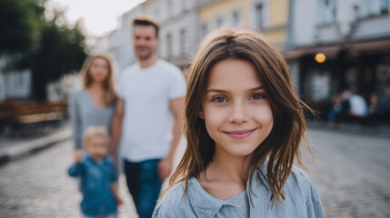 Fototapeta premium Portrait of a smiling young girl outdoors with her family in the background on a sunny day. Urban street scene with cheerful child and blurred parents walking together behind her