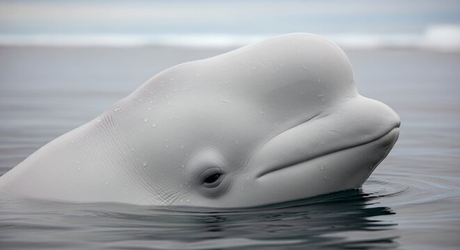 Close up of a white beluga whale surfacing in calm ocean waters.